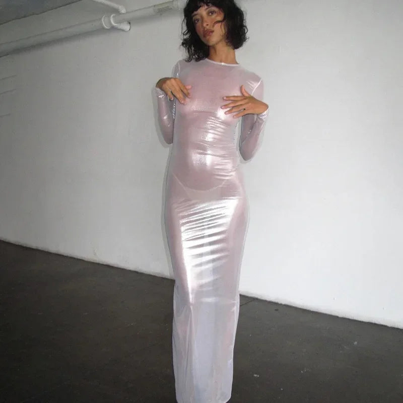 O-neck Full Sleeve Solid Color Mesh Dress Mssaz Desses