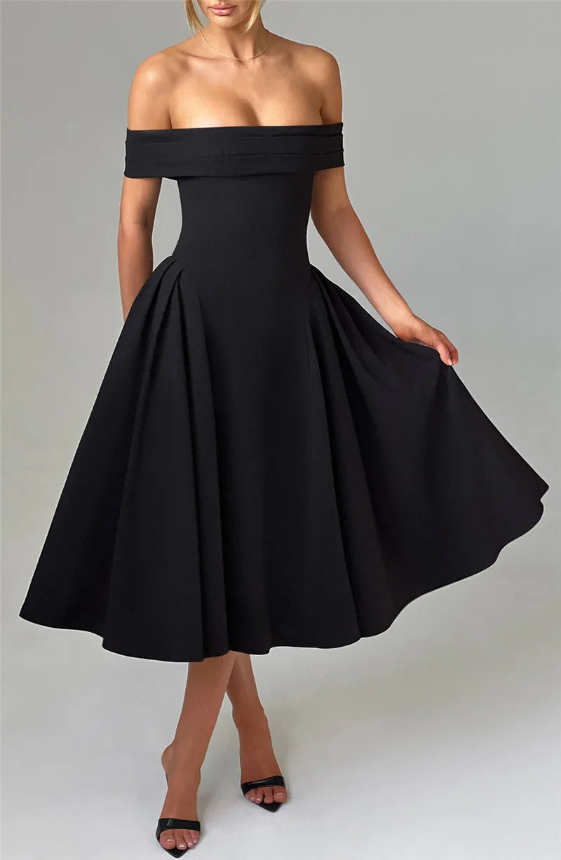 Off-Shoulder Flare Midi Dress Mssaz Desses