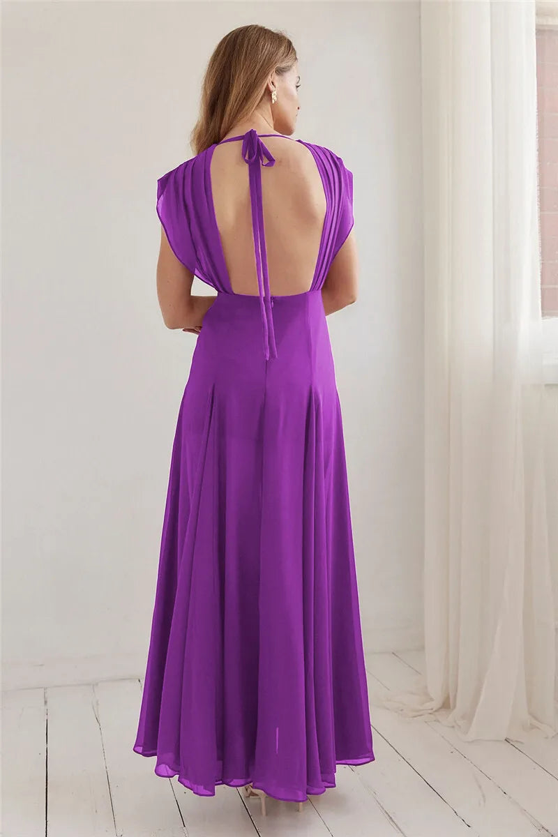 Deep V Purple Maxi Dress High Slit Mssaz Desses