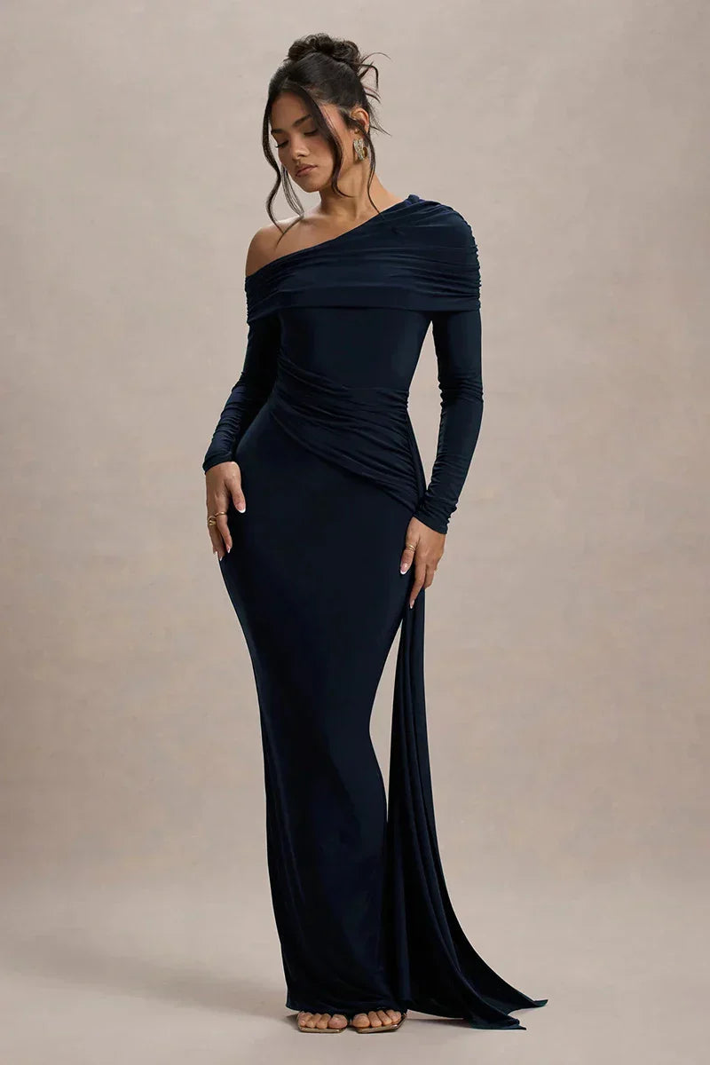Skew Collar Long Sleeve Maxi Dress Mssaz Desses