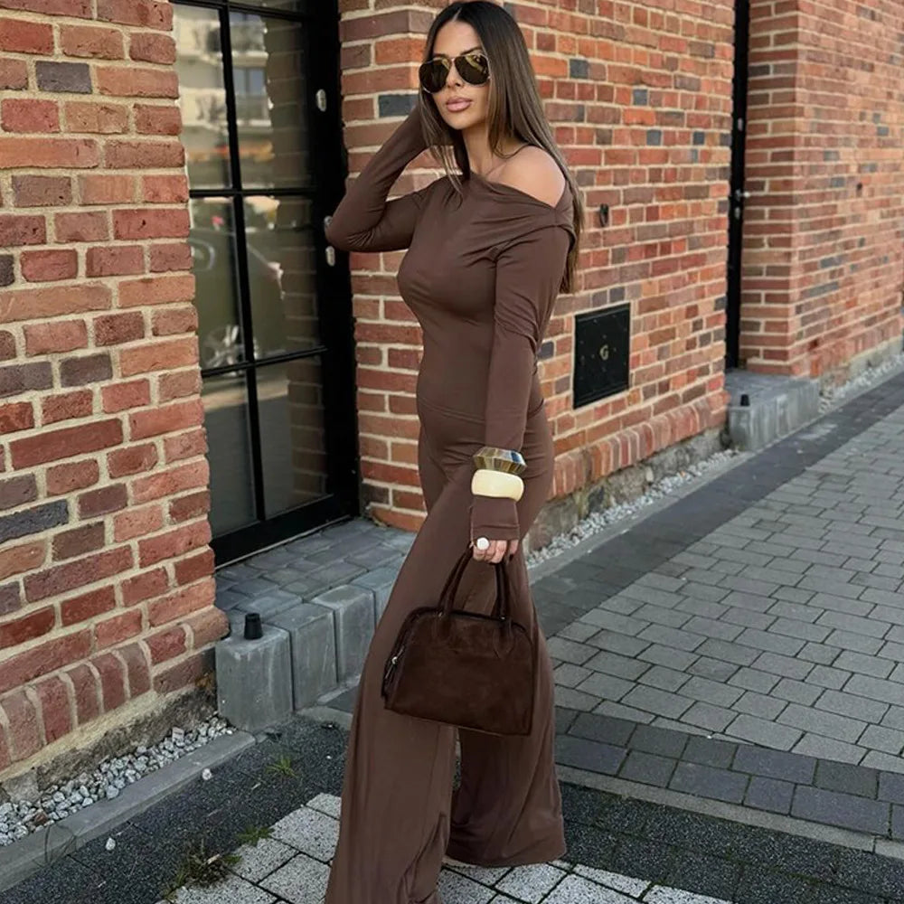 One Shoulder Flare Sleeve Top Long Pant Suit Mssaz Desses