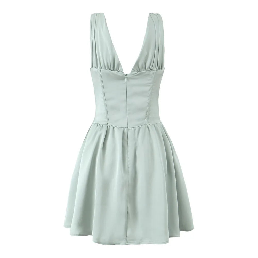 Stain Pleated Ruched Strap Bow Folds Hem Mini Dress Mssaz Desses