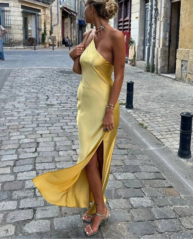 Backless Satin Slant Shoulder Solid Slit Long Dress Mssaz Desses
