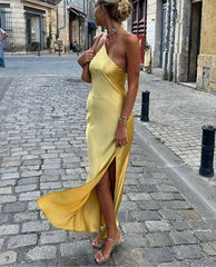 Backless Satin Slant Shoulder Solid Slit Long Dress Mssaz Desses