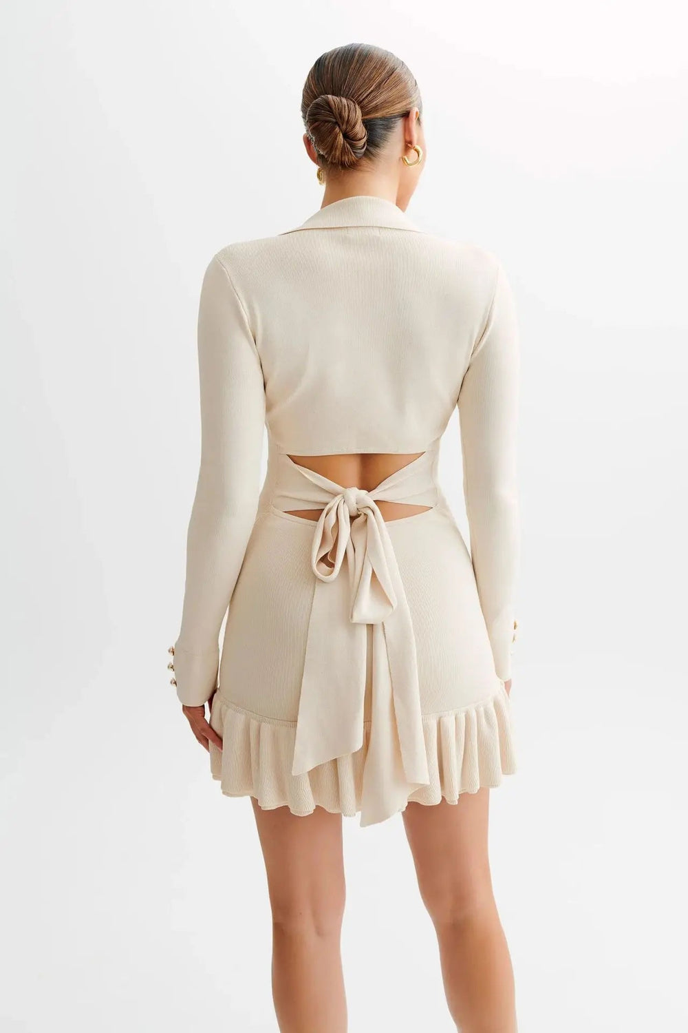 Ruffled Contrast Bow Open Back Lace-Up Knit Mini Dress Mssaz Desses