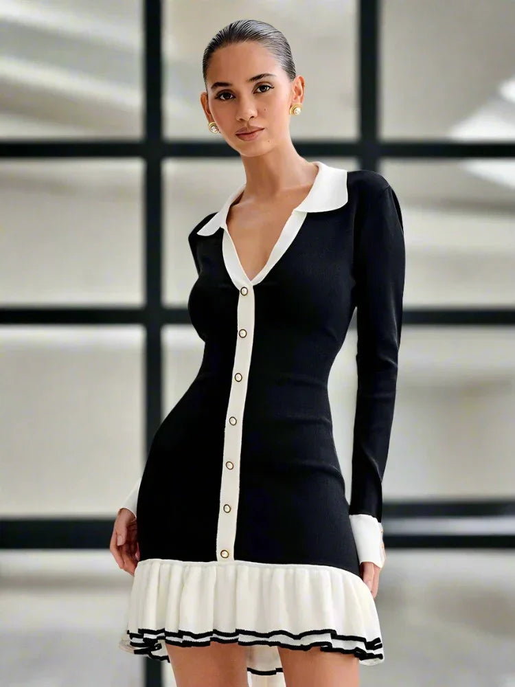 Ruffled Contrast Bow Open Back Lace-Up Knit Mini Dress Mssaz Desses