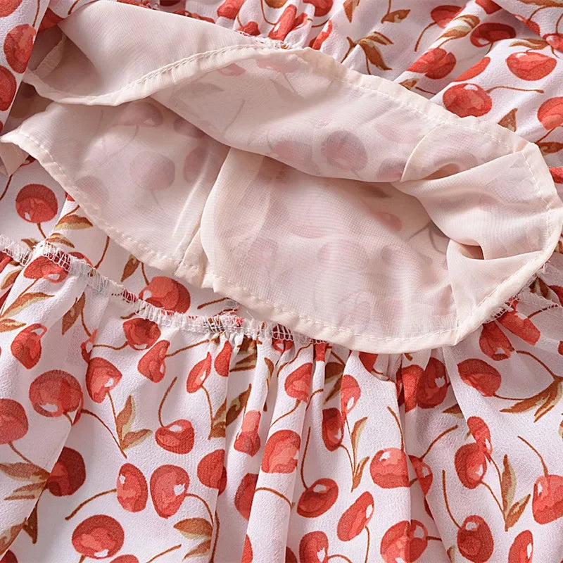Cherry Print Ruffles Hem Trumpet Midi Dress Mssaz Desses