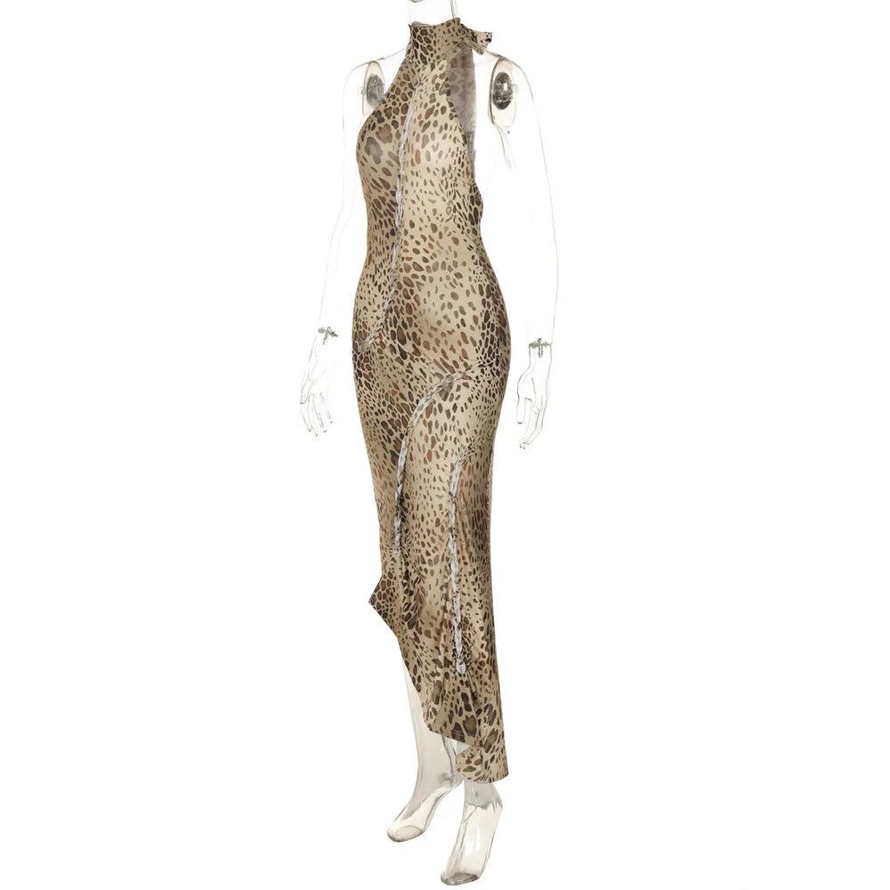 Halter Leopard Embellished Long Dress Mssaz Desses