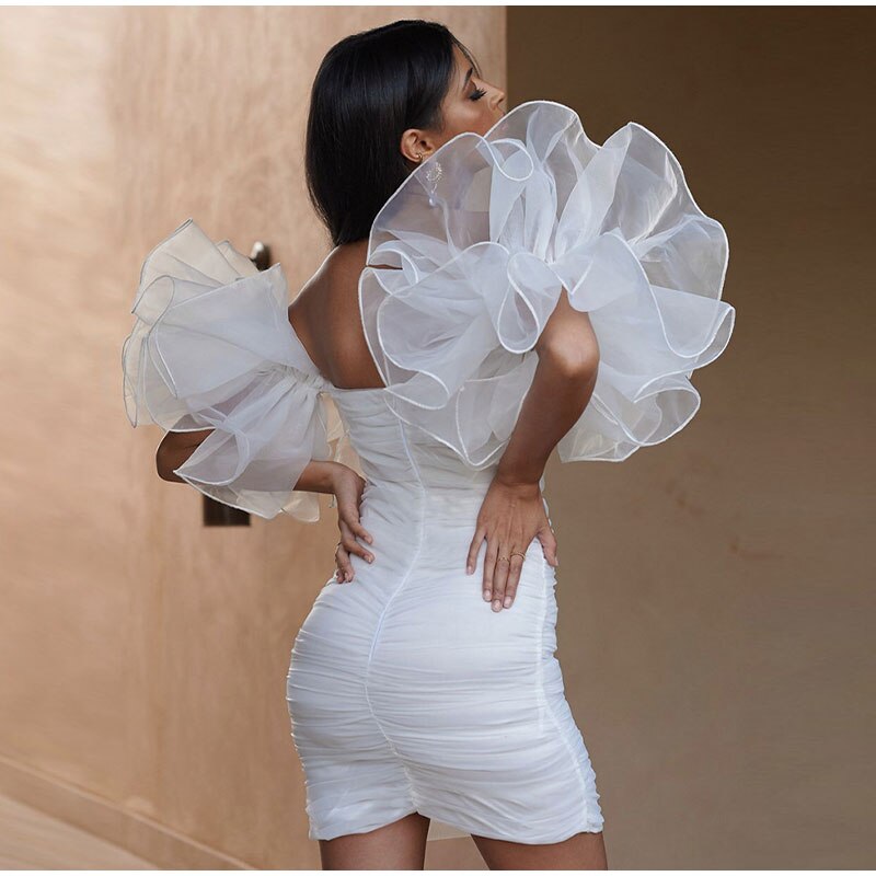 Mesh Ruffle Sleeve Tube Backless Bodycon Dress Mssaz Desses