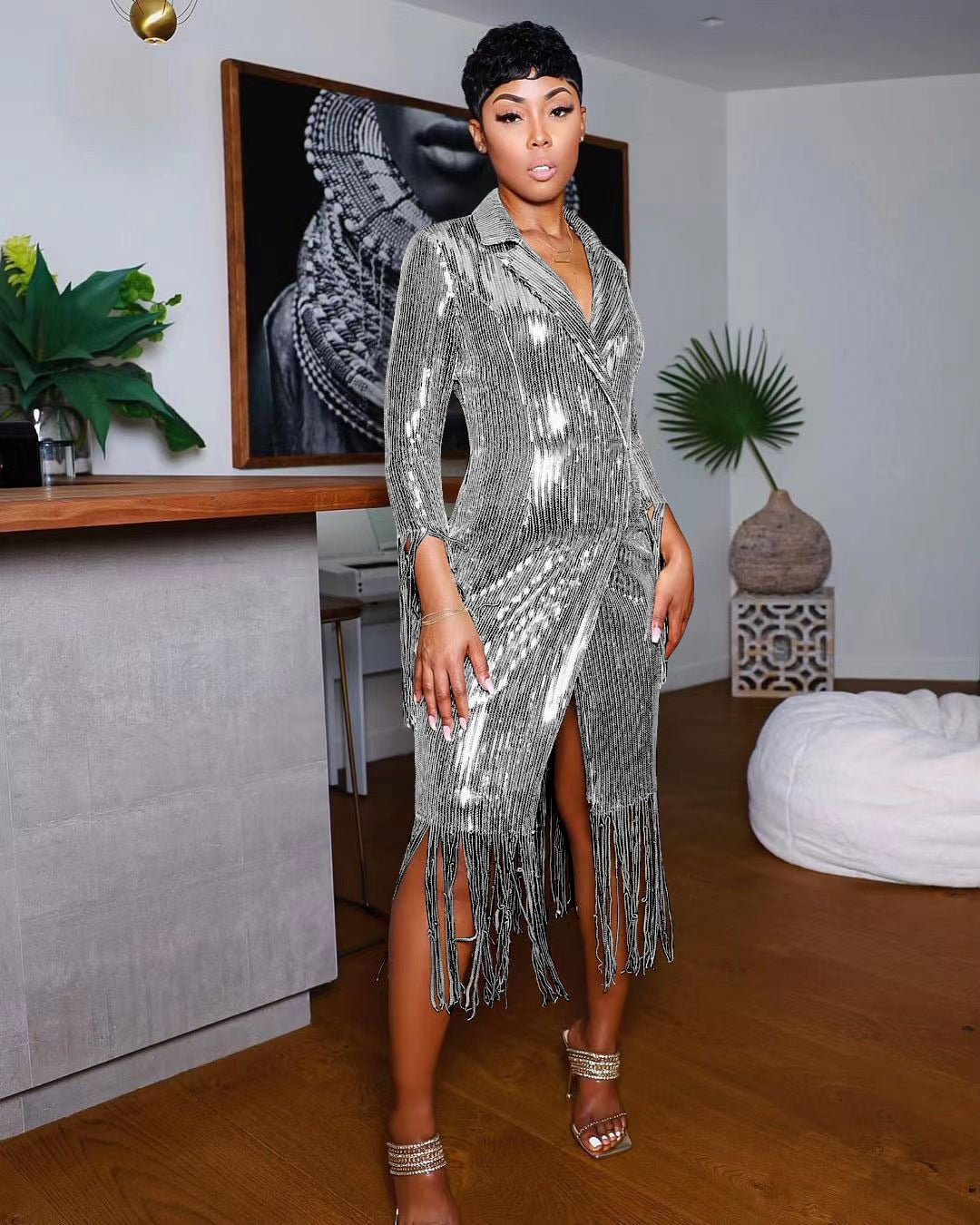 Solid Notched Tassel Sequin Decoration Knee Length Dress Mssaz Desses