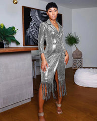 Solid Notched Tassel Sequin Decoration Knee Length Dress Mssaz Desses