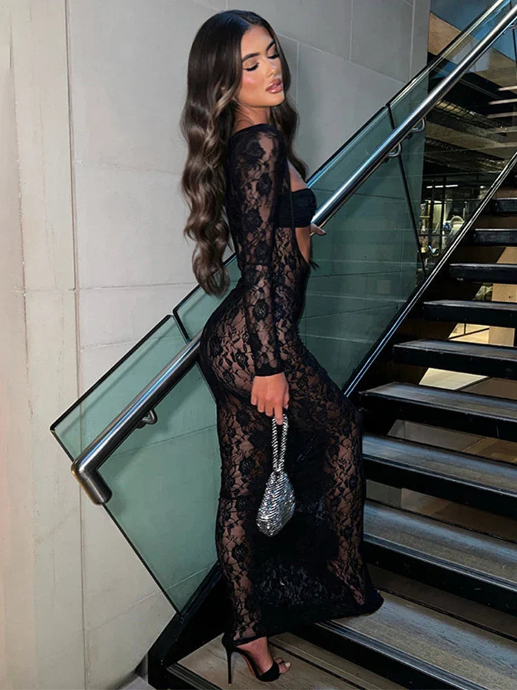 Perspective Lace Hollow Out Bodycon Maxi Dress Mssaz Desses