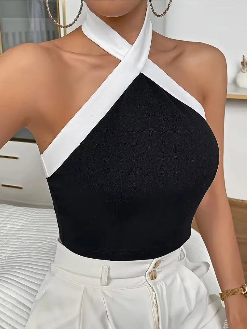Contrast Trim Halter Neck Casual Backless Sleeveless Tank Top Mssza