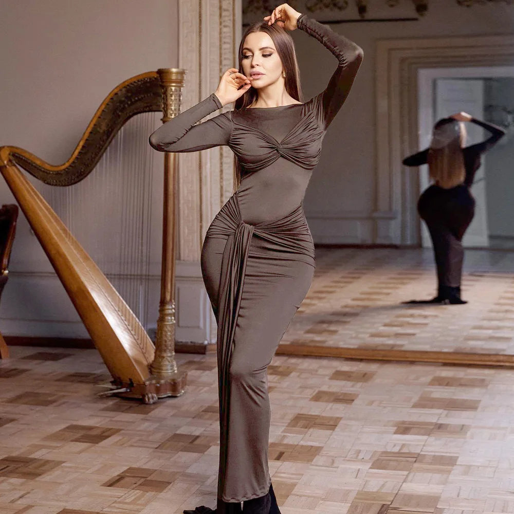 O-neck Long Sleeve Robe Maxi Dress Mssaz Desses