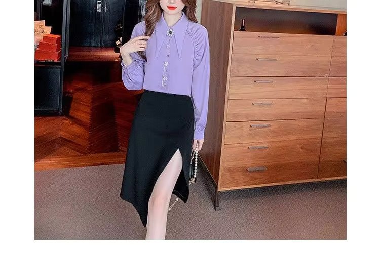 Beading Diamonds Korean Single-breasted  Elegant Lapel Shirt Mssza