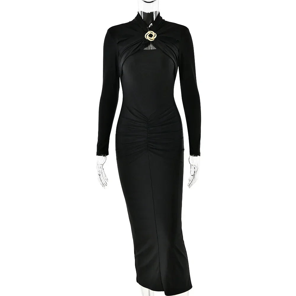 Long Sleeved Pleated Hollowed Out Maxi Dress Mssaz Desses