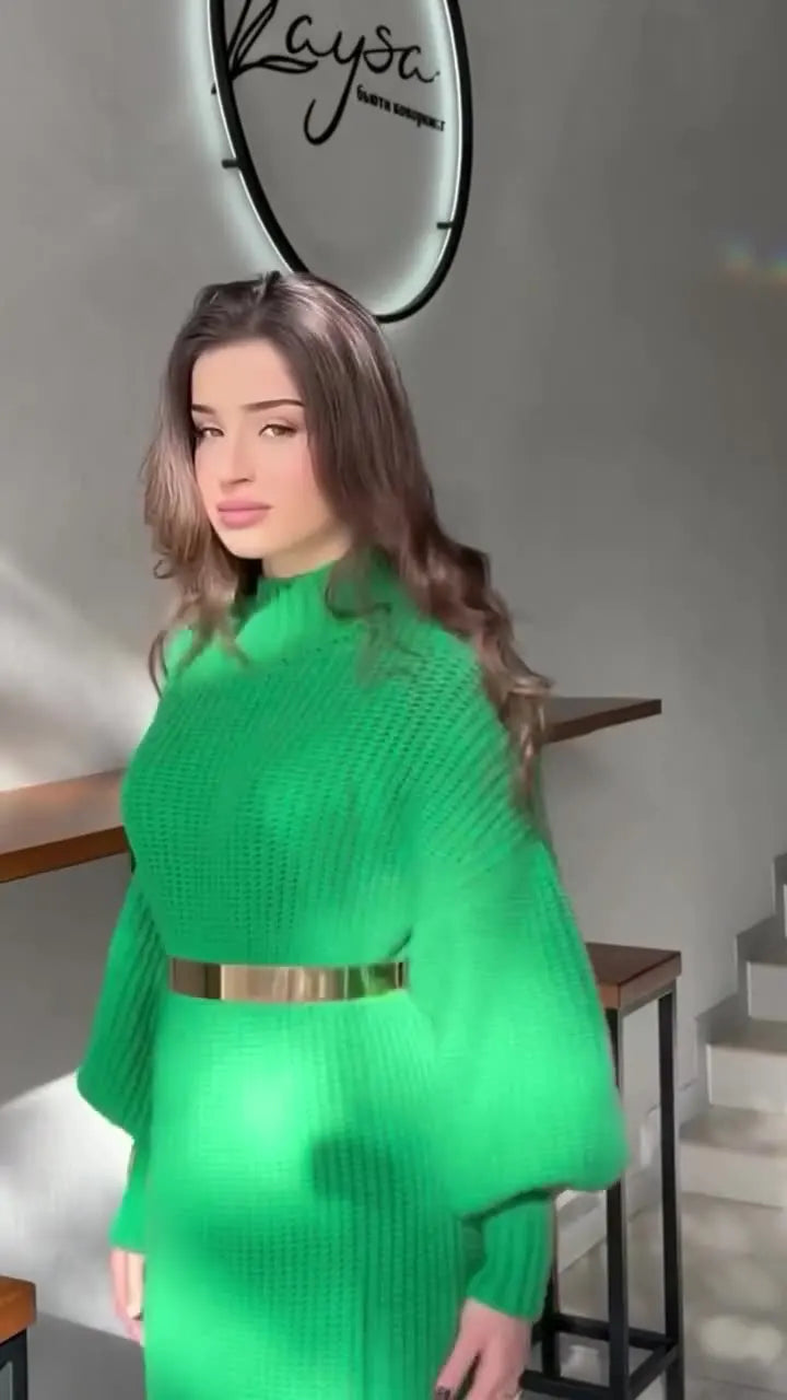 Turtleneck Pullover Solid Sweater Dress With Belt Mssaz Desses