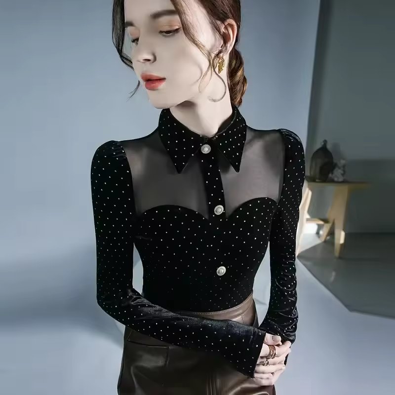 Vintage Doll Collar Polka Dot Gauze Splicing Perspective Velvet Top Mssza