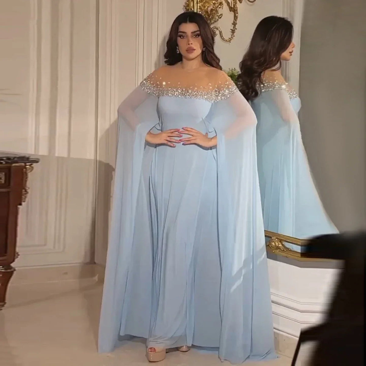 Crystal Baby Blue Evening Dress with Cape| Kaftan Gowns| Customized Mssaz Desses