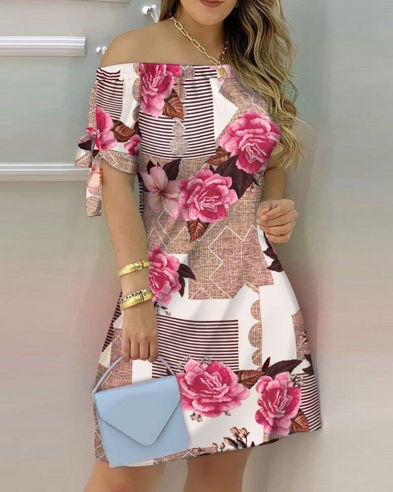 Off Shoulder  Mini Dress Short Sleeve Bow Tie Striped Plaid Floral Vestidos Mssaz Desses