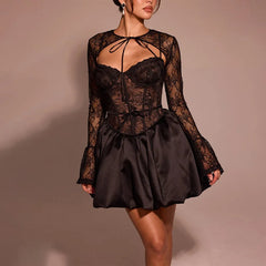 Black Lace Long Sleeve Flare Mini Dress Mssaz Desses