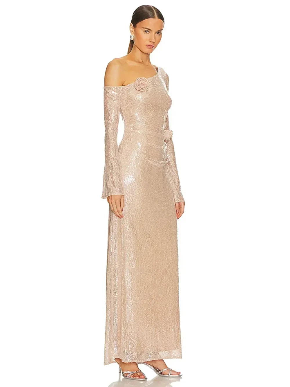 Mesh Sequin 3D Flower Long Sleeve Bodycon Maxi Dress Mssaz Desses