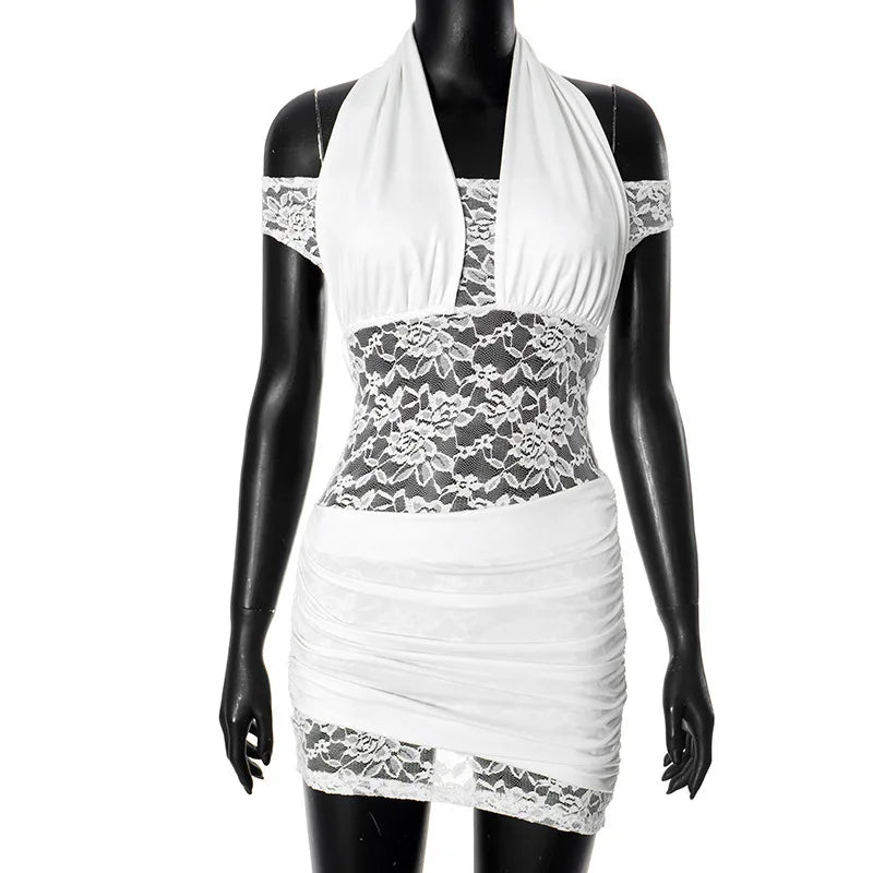Halter Off the shoulder White Lace Mini Dress Mssaz Desses