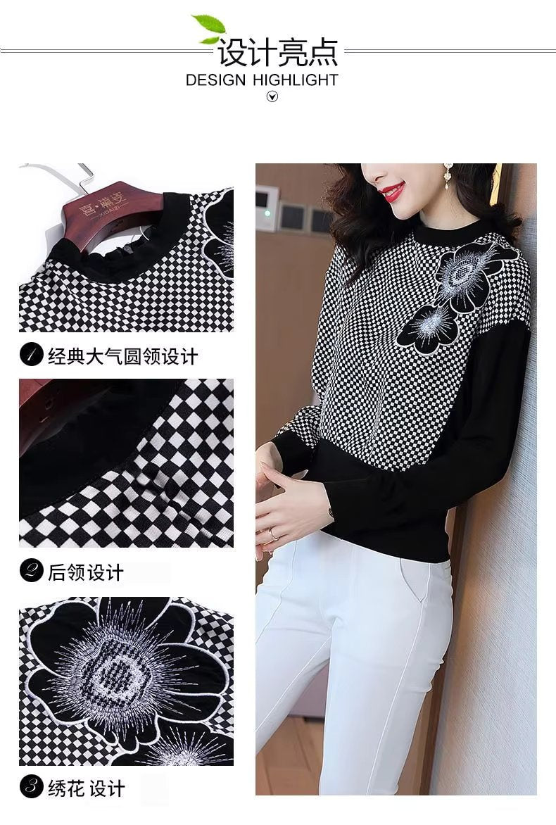 Elegant O-Neck Patchwork Embroidery Screw Thread Loose Casual Long Sleeve Top Mssza