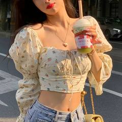 Vintage Floral Printed Flare Sleeve Square Collar Lacing Casual Shirt Mssza
