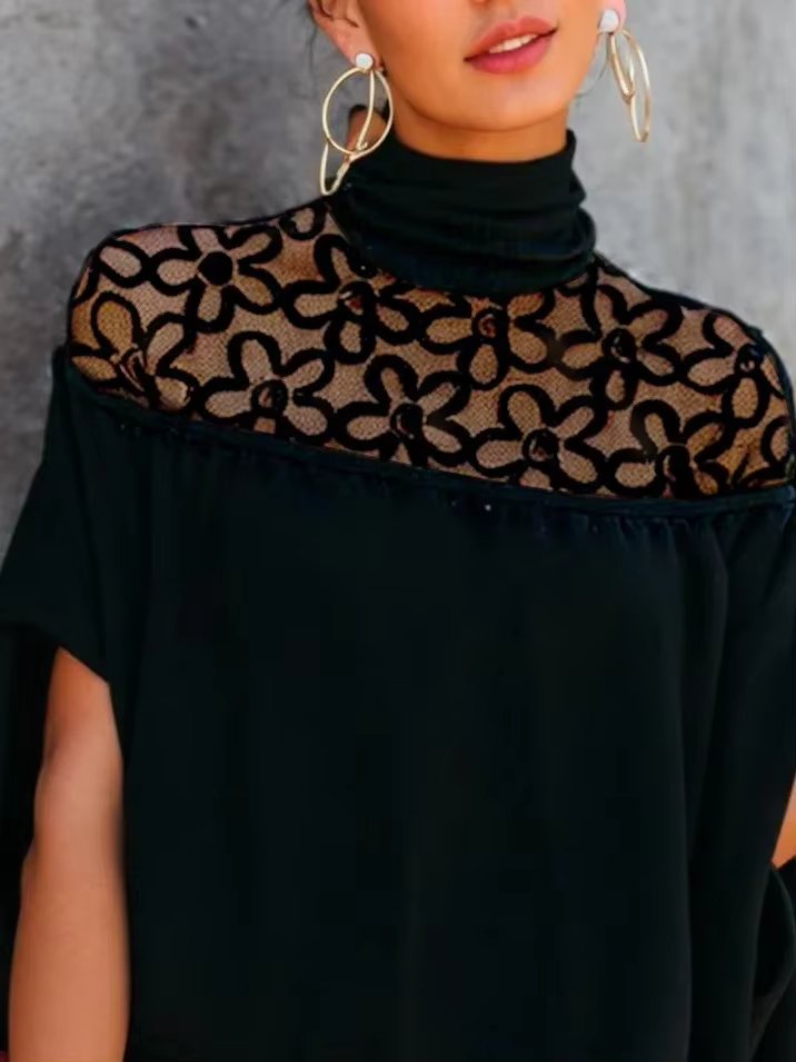 Hollowed Floral Embroidered Turtle-neck Short Sleeves Elegant Loose Fit T-shirt Mssza