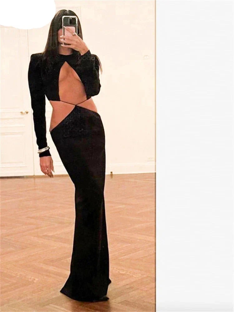Black Cut Out Long Sleeve Dress Y2K Party Dress Mssaz Desses