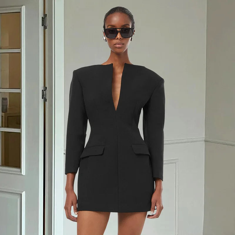 Black Solid Long Sleeve Blazer Dress Mssaz Desses