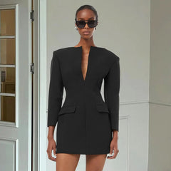 Black Solid Long Sleeve Blazer Dress Mssaz Desses
