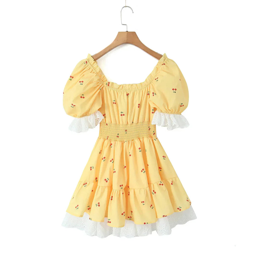 Print Puff Sleeve Ruffles Lace-up Mini Dress Mssaz Desses