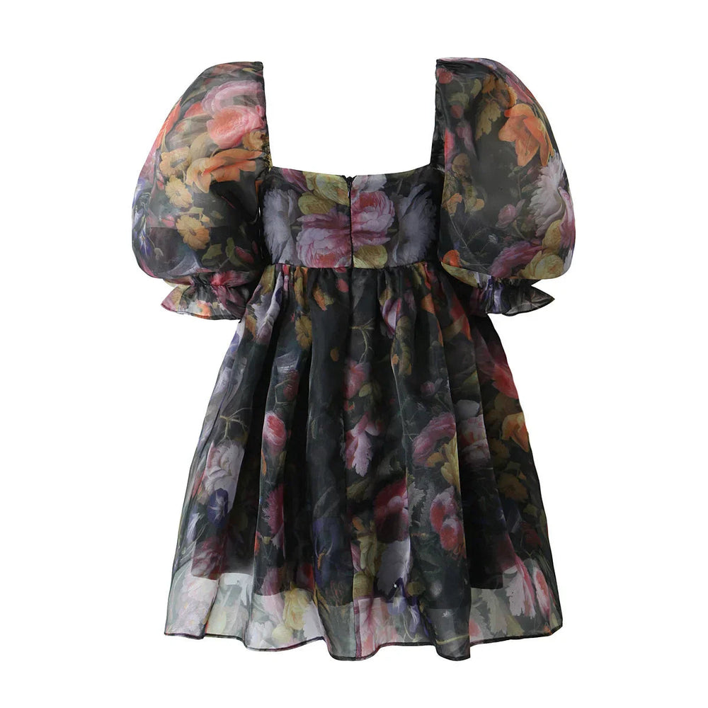 Black Floral Print Square Collar Puff Sleeve Mini Dress Mssaz Desses