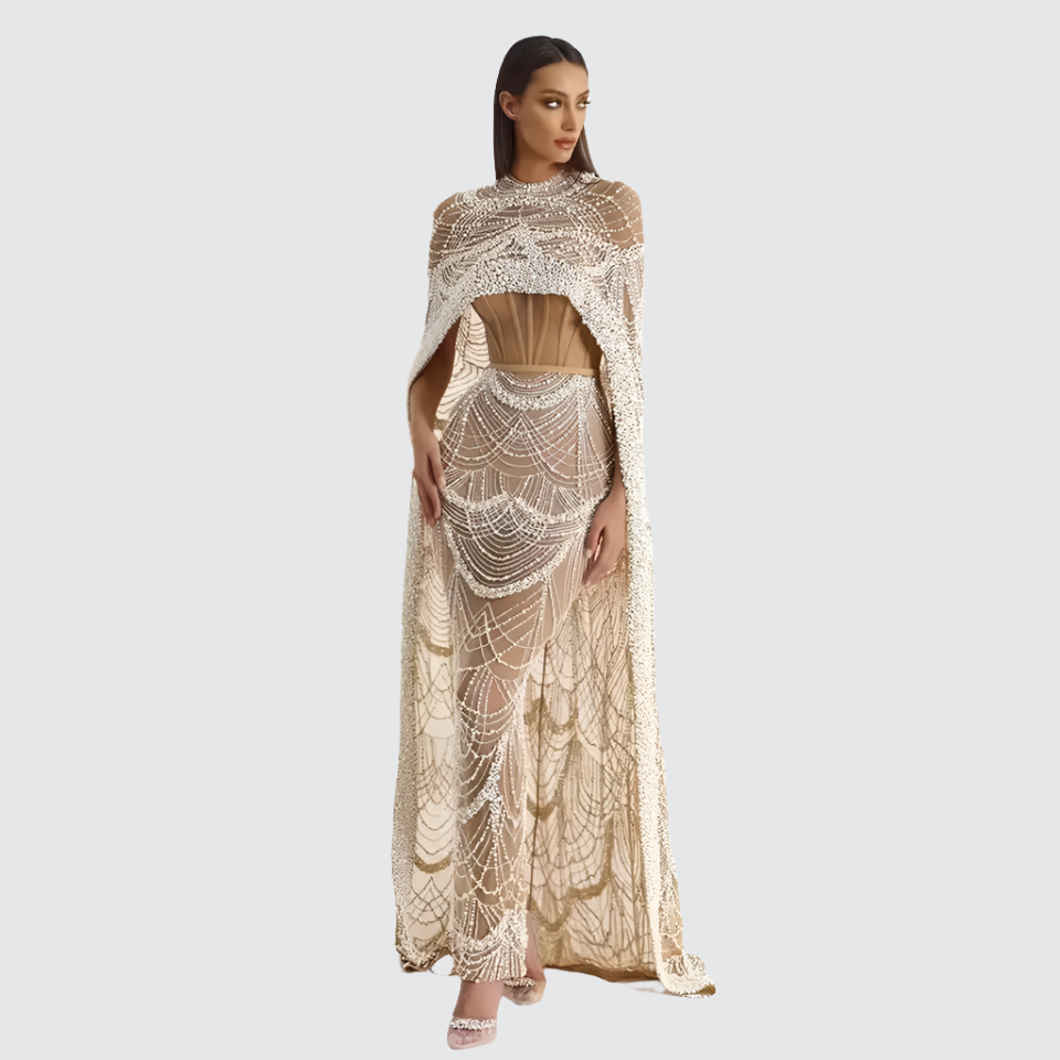 Pearls Mermaid Wedding Party Prom Dresses With Cape Mssaz Desses