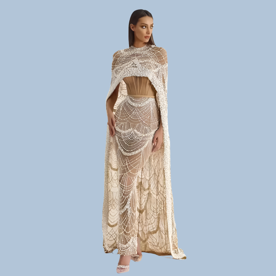 Pearls Mermaid Wedding Party Prom Dresses With Cape Mssaz Desses