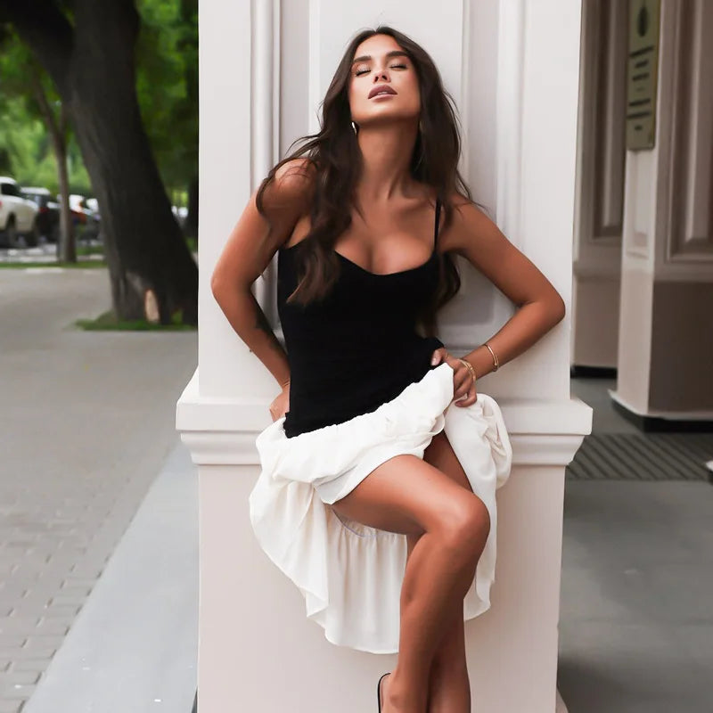 Black Strap White Frill Patchwork Maxi Dress Mssaz Desses