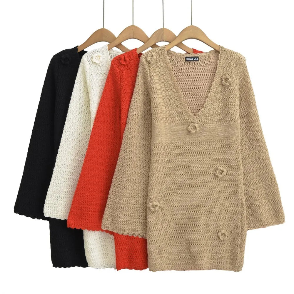 3D Flower Hand Crotch Full Flare Sleeve Sweater Dress Mssaz Desses