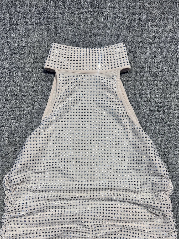 Halter Neck Backless Crystal Folds Long Dress Mssaz Desses