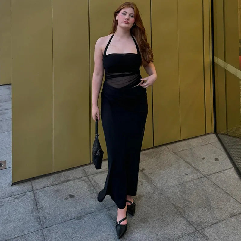Mesh Patchwork Backless Halter Bodycon Gown Mssaz Desses
