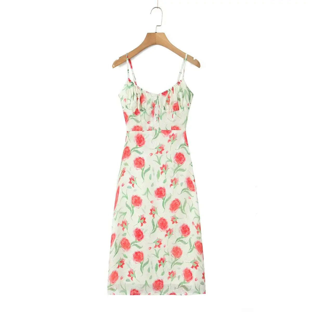 Large Flowers Elastic Buttons Midi Dress Mssaz Desses