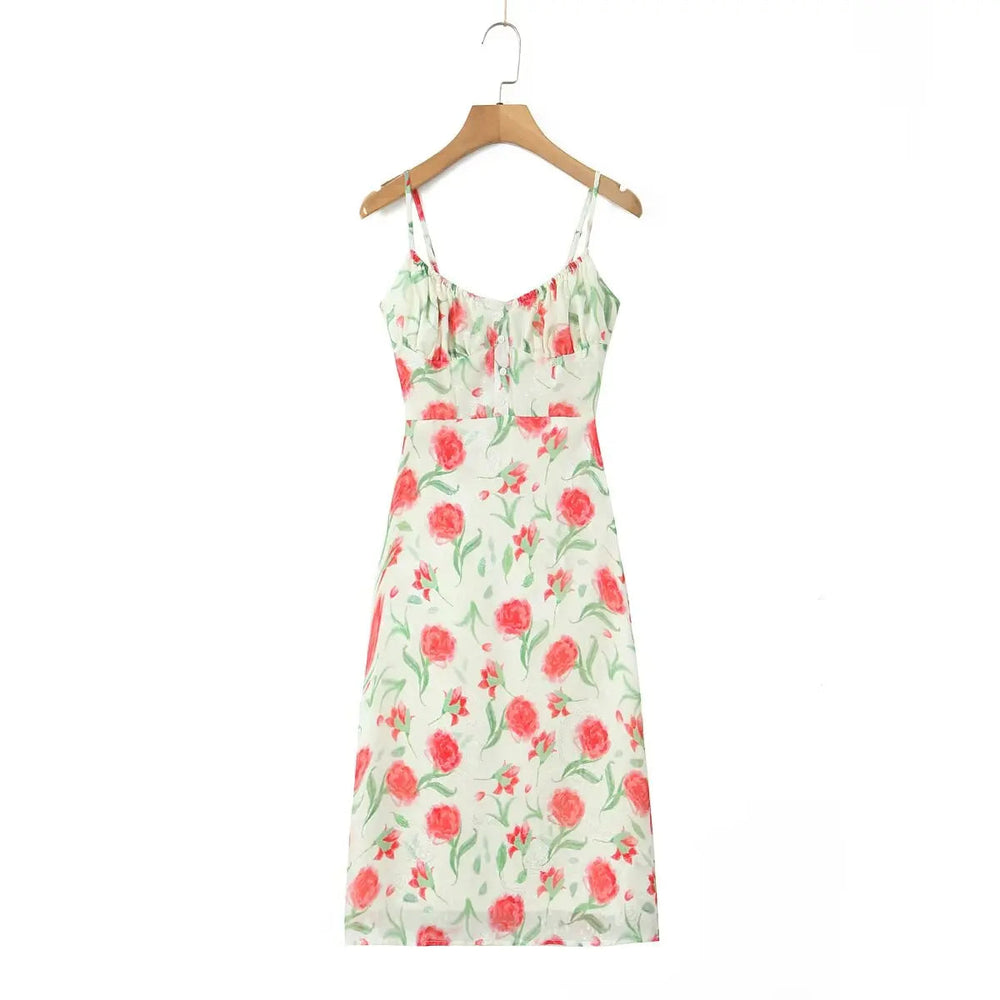 Large Flowers Elastic Buttons Midi Dress Mssaz Desses