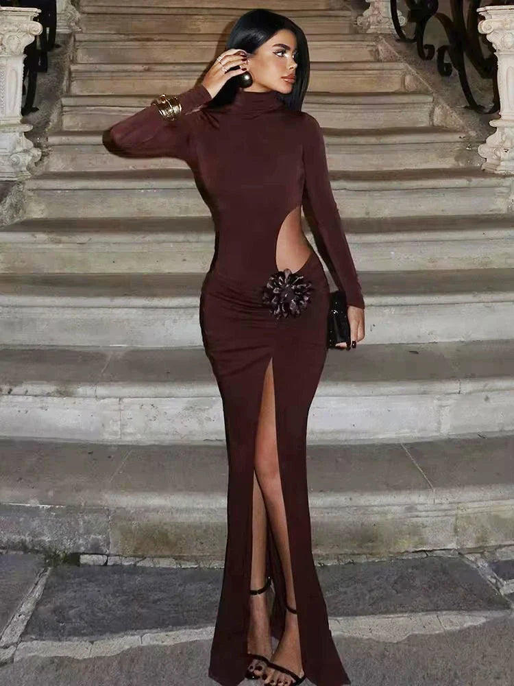 Turtleneck Hollow Out Thigh High Split Dress Mssaz Desses