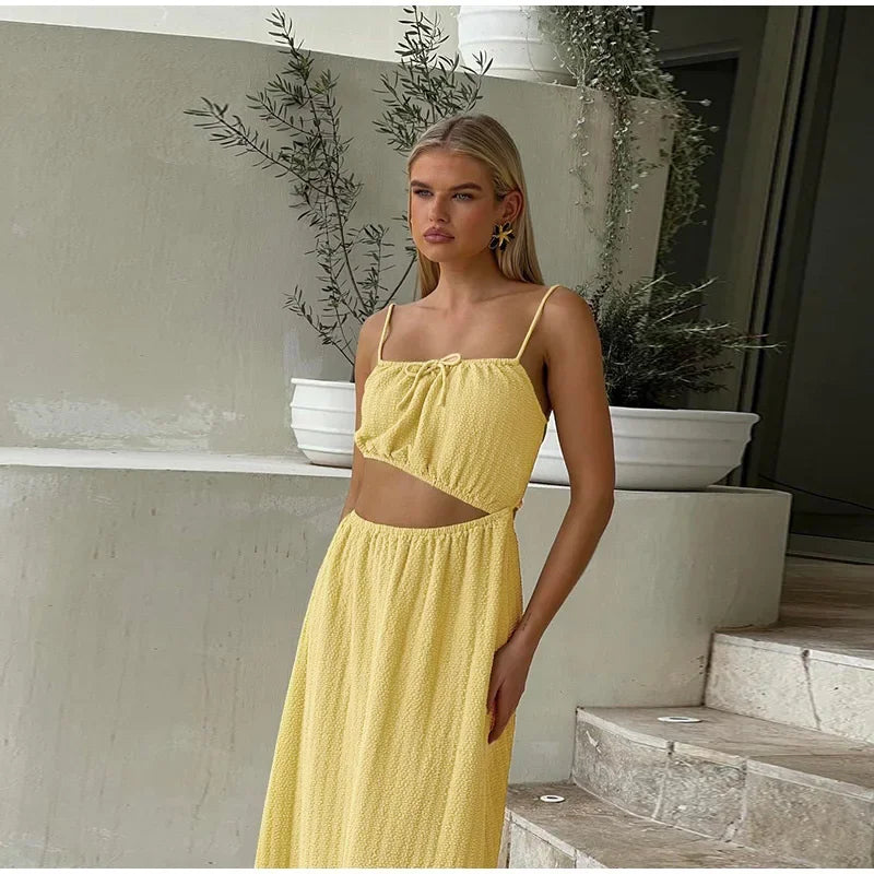 Lace Up Solid Color Open Back Long Dress Mssaz Desses