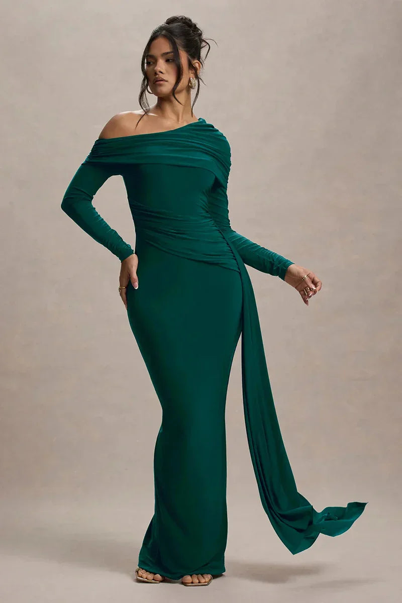 Skew Collar Long Sleeve Maxi Dress Mssaz Desses