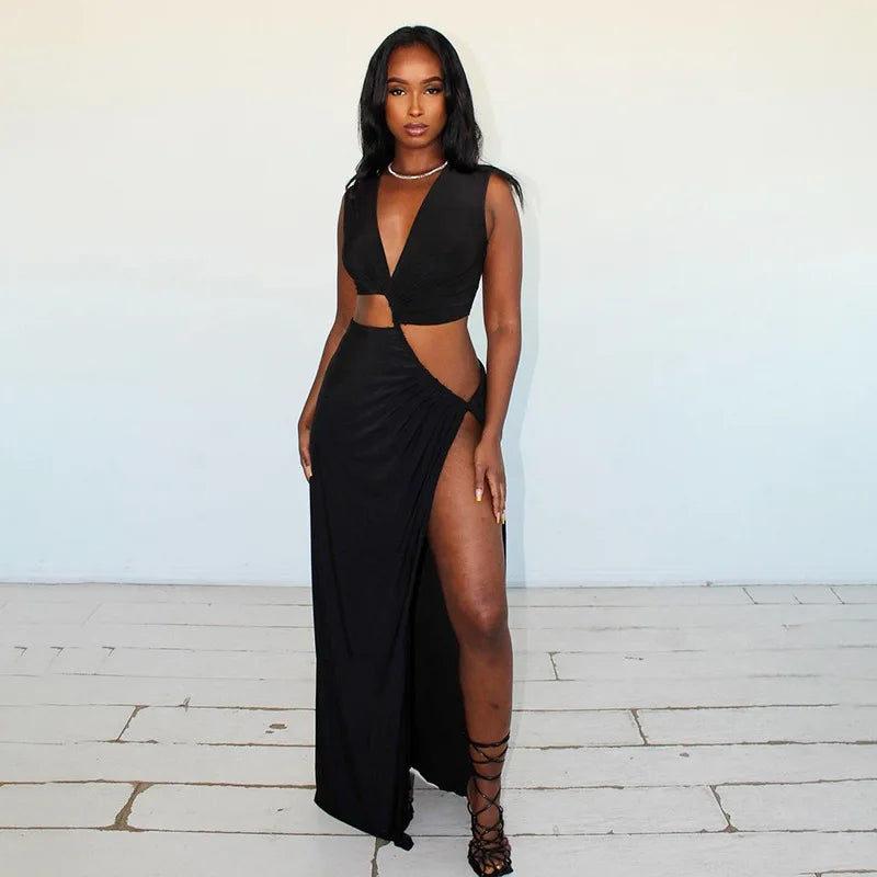 Deep V Cut Out Slit Asymmetrical Long Dress Mssaz Desses