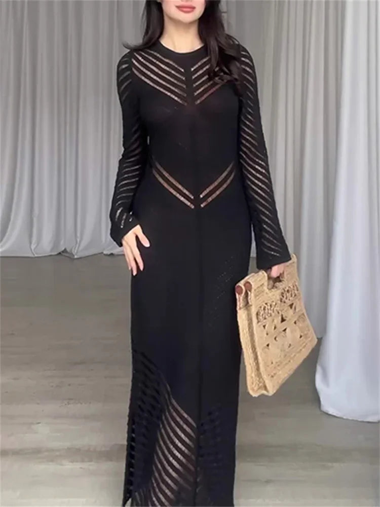 Sleeveless Patchwork Knit Maxi Dresses Mssaz Desses