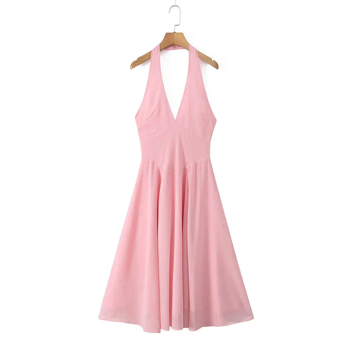 Pink Deep V Collar Halter Sling Midi Dress Mssaz Desses