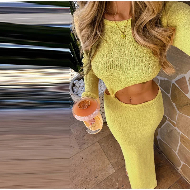 Knitted Hollow Out Solid O-neck Slit Maxi Dress Mssaz Desses